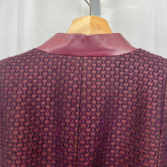 LAFAYETTE 148 Tweed Jacket Blazer Jacket Wool blend Leather Trim Wine Red Size 4 - Picture 7 of 11